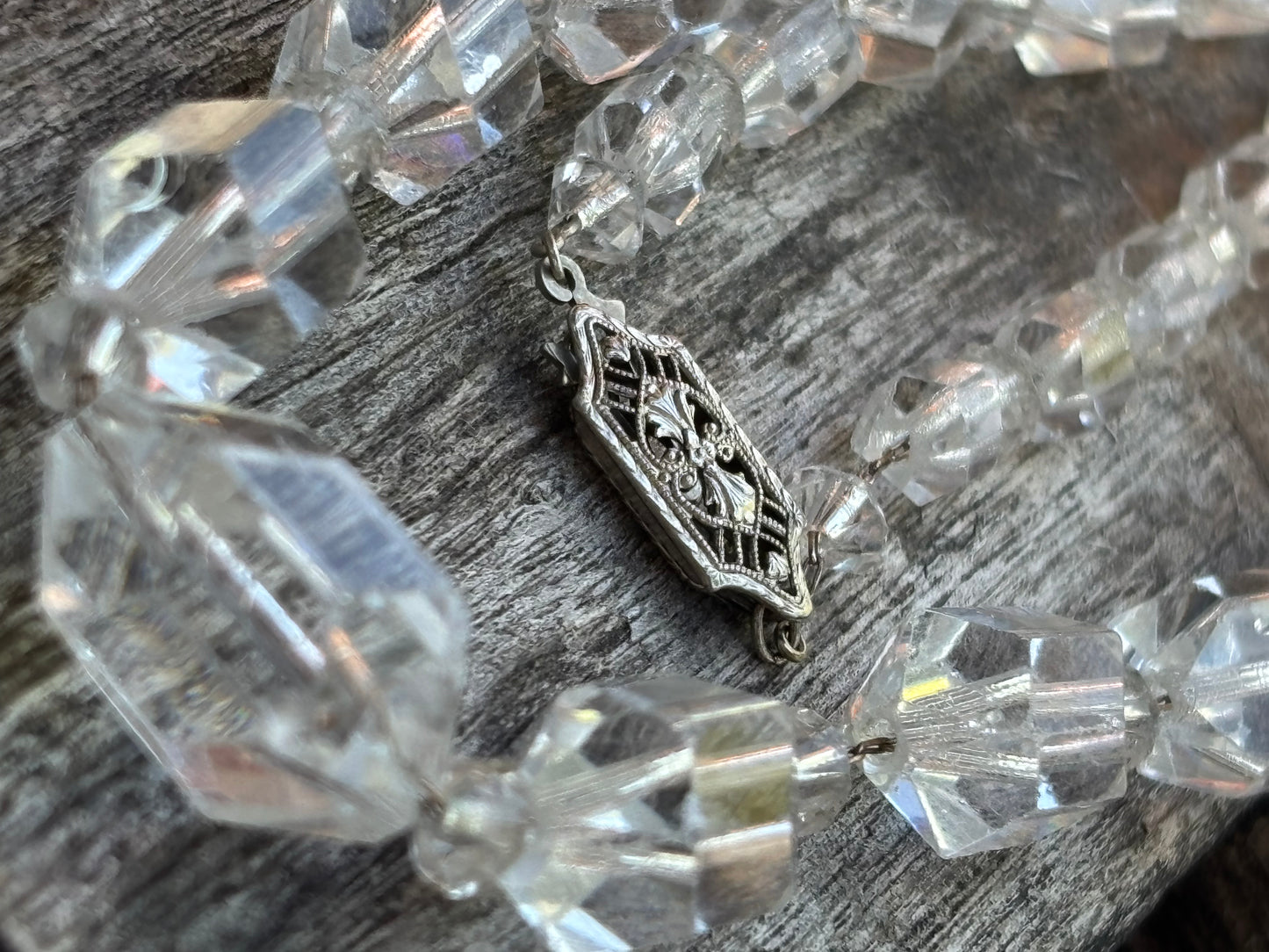 1920’s rock crystal necklace on Sterling chain with sterling clasp