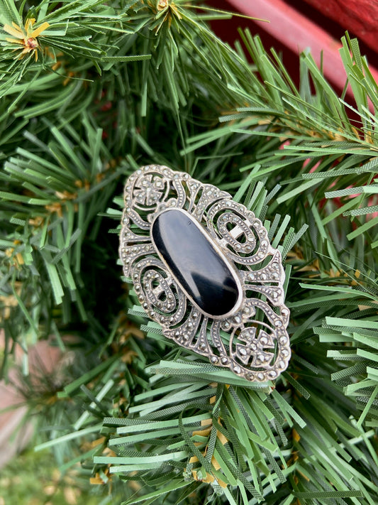 Black onyx marcasite sterling brooch